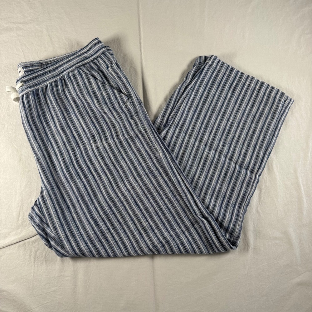 Dā-sh Women's Size L Blue Striped Linen Blend Drawstring Pull On Ankle Pants